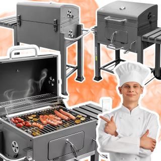Gril na drevené uhlie s pokrievkou, príručný stolík, liatinový rošt, pevný 25 kg, údenie